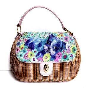 Eric Javits Limited Edition 2005 Embroidered Floral Dog Wicker Handbag